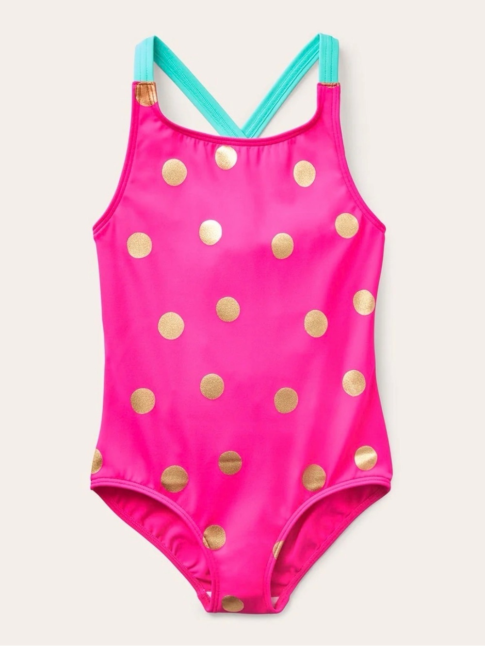 Boden Girls Fuschia Polka Dot Cross Back One Piece Swimsuit Size 9-10